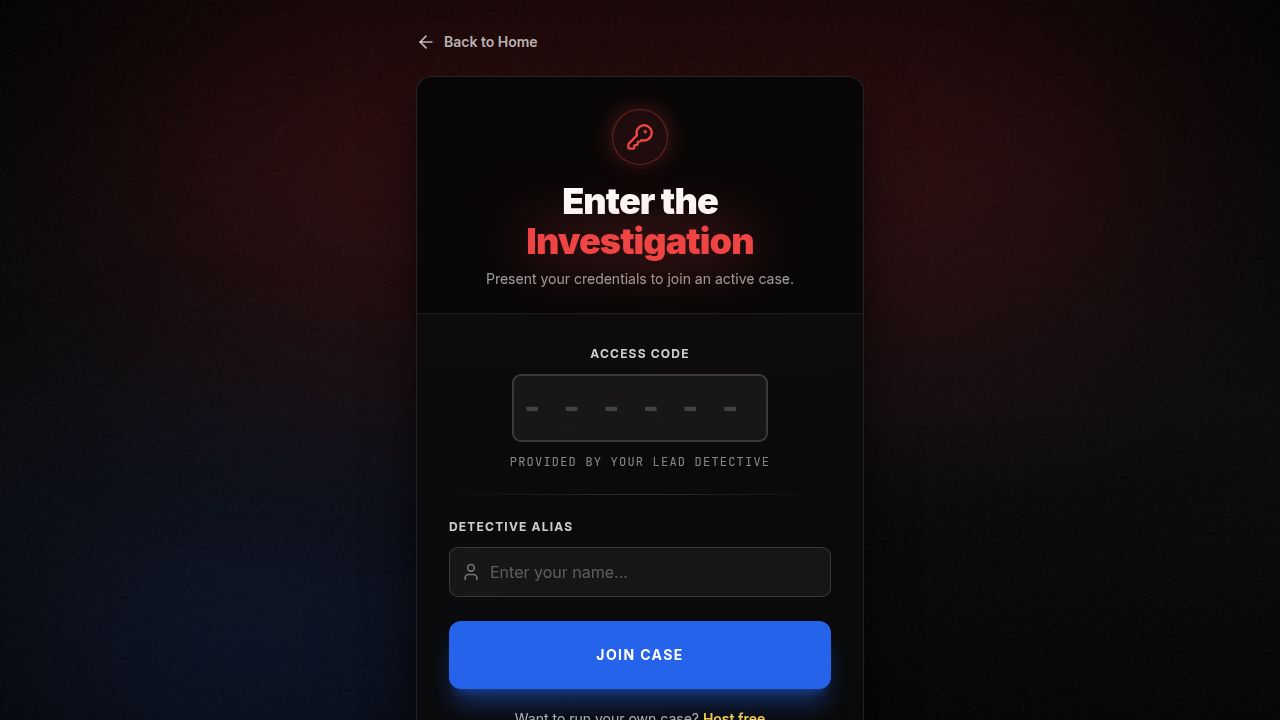 Actual development screenshot of the Enter the Investigation participant screen with blank six-character code positions and detective-alias entry.
